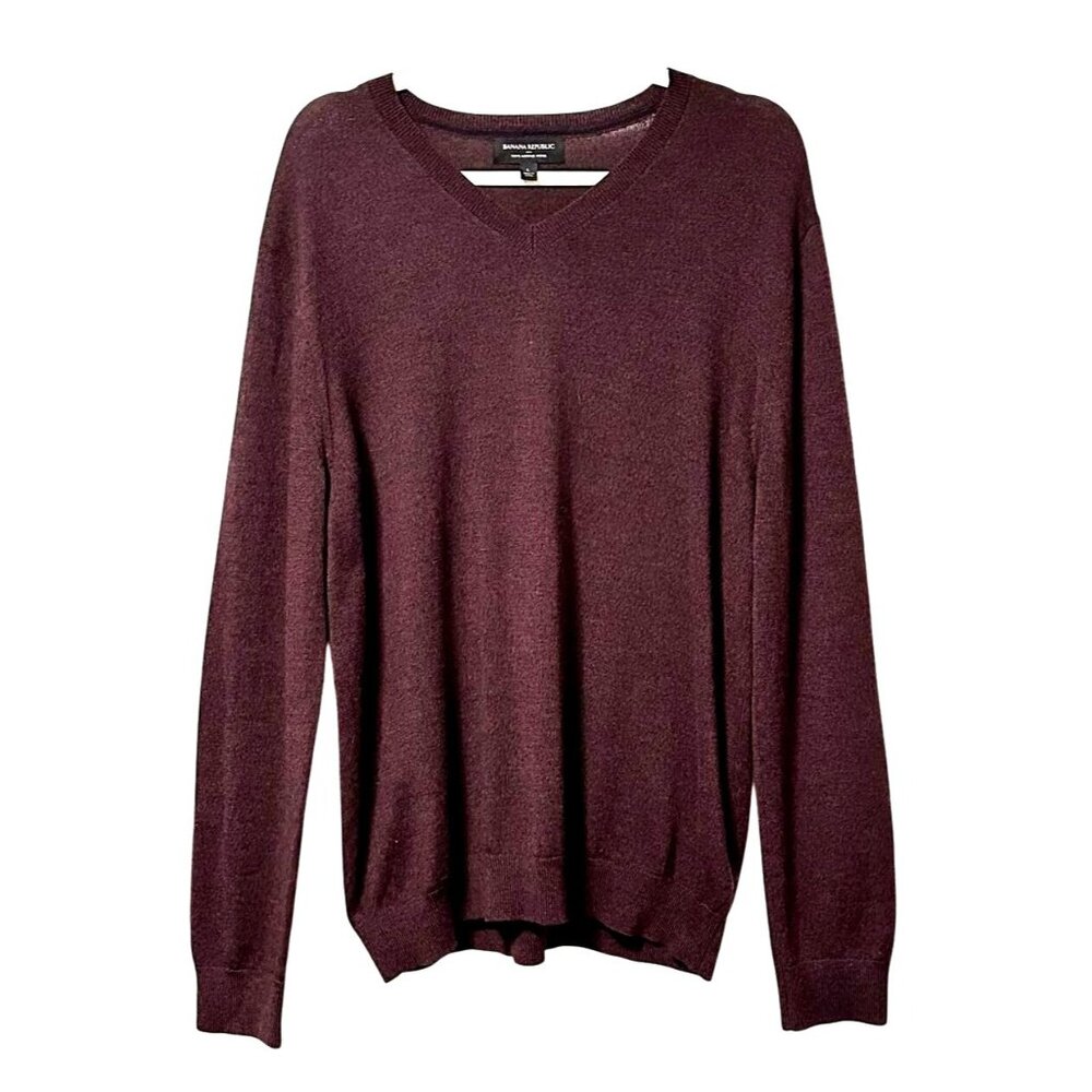 Banana Republic Mens Merino Wool V-Neck Sweater Large Burgundy Maroon Classic